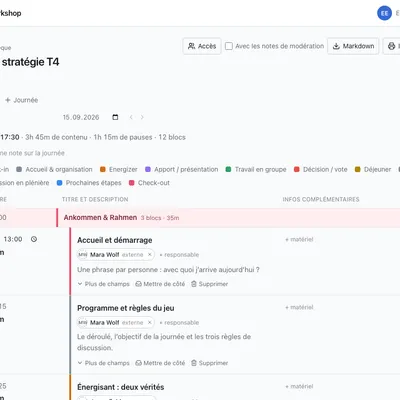 Une journée d'atelier dans GoodWorkshop avec horaires, durées, sections et responsables