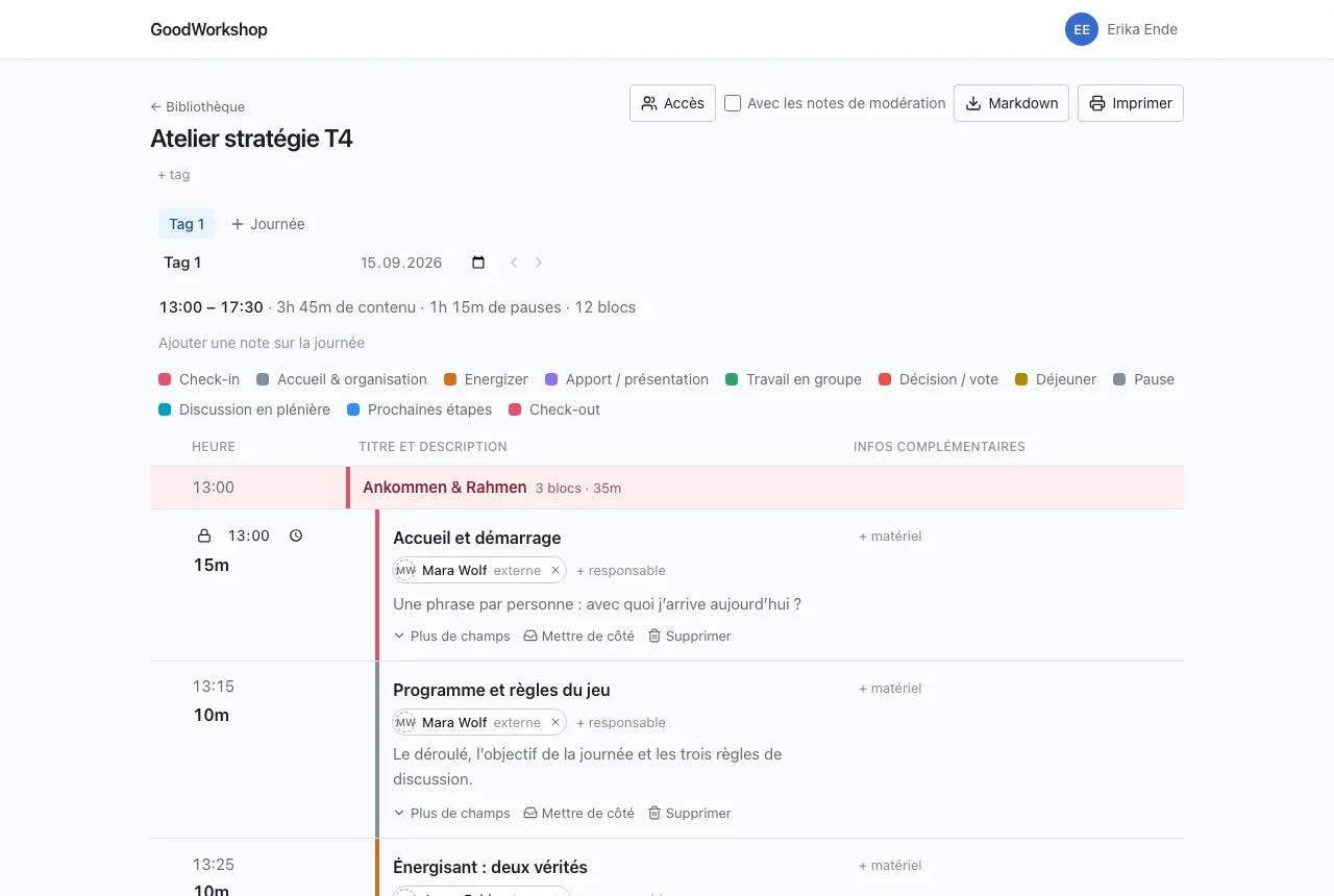 Une journée d’atelier dans GoodWorkshop avec horaires, durées et responsables